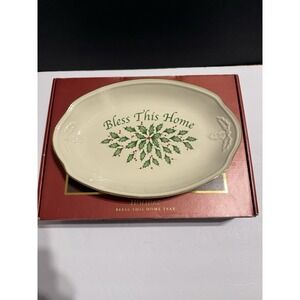 Lenox Holiday Christmas Bless This Home Oval Bread Tray Platter Holly Berry 11"